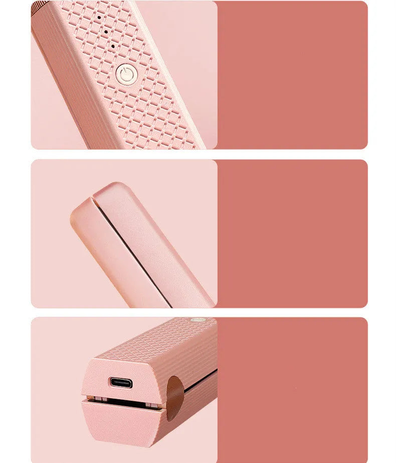 Pink and green mini cordless USB hair straightener with ceramic plates open on a white background.