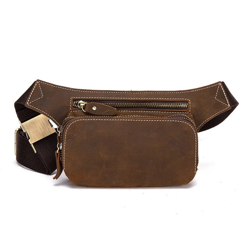 Brown genuine cowhide men's sports waist bag with pull closure showing internal mobile phone pocket