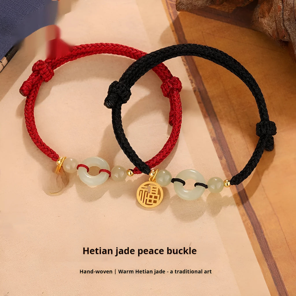 Silver geometric peace buckle Hetian jade bracelet with adjustable strap in black or wine red