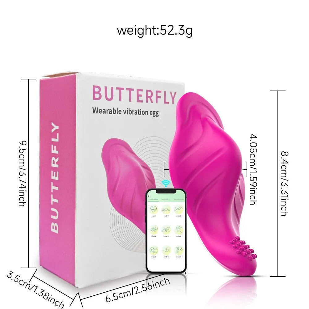 Rose red silicone butterfly vibrator with USB charging port and smartphone APP remote control
