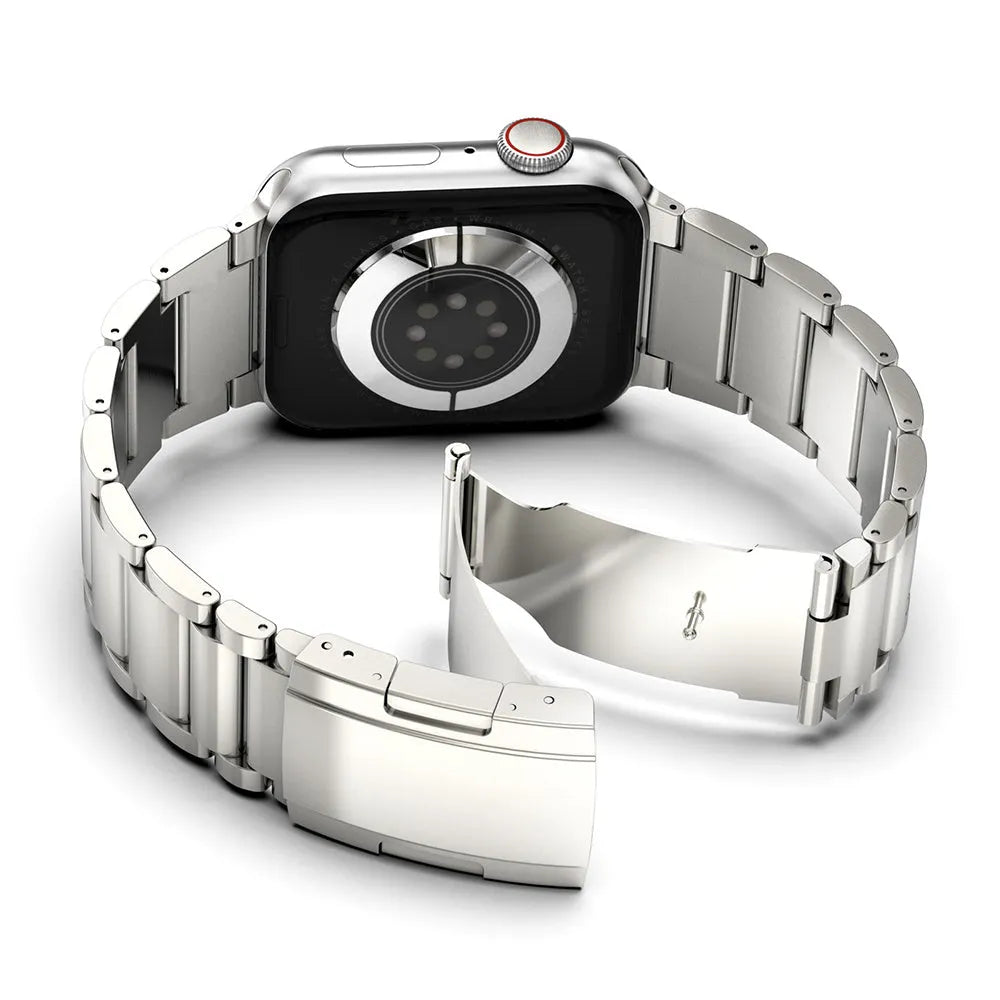 Titanium alloy Apple Watch replacement strap with folding buckle in black or silver
