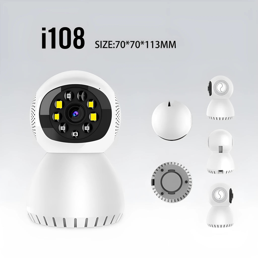 Wireless security camera with ABS housing measuring 11cm by 12.5cm by 12cm