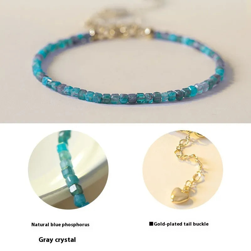 Women's natural blue apatite crystal bracelet with diamond-cut facets on adjustable band