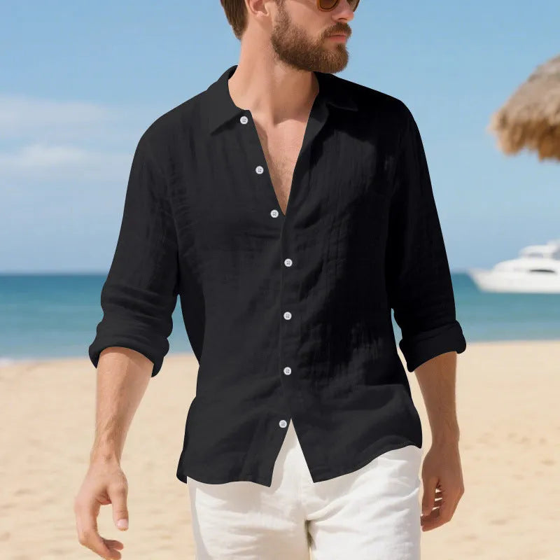 Men's loose fit linen casual shirt in light blue colour, showing non-ironing style.