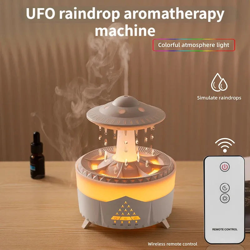 White cloud-shaped UFO raindrop humidifier with water mist and coloured lights