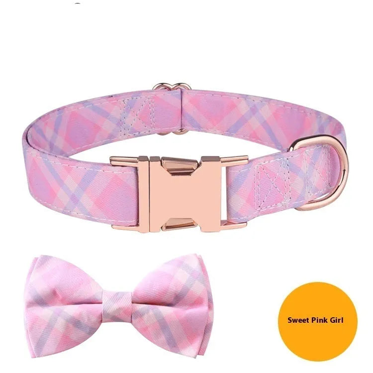 Polyester pet collar with rose gold buckle and adjustable decorative bow in multiple colour options