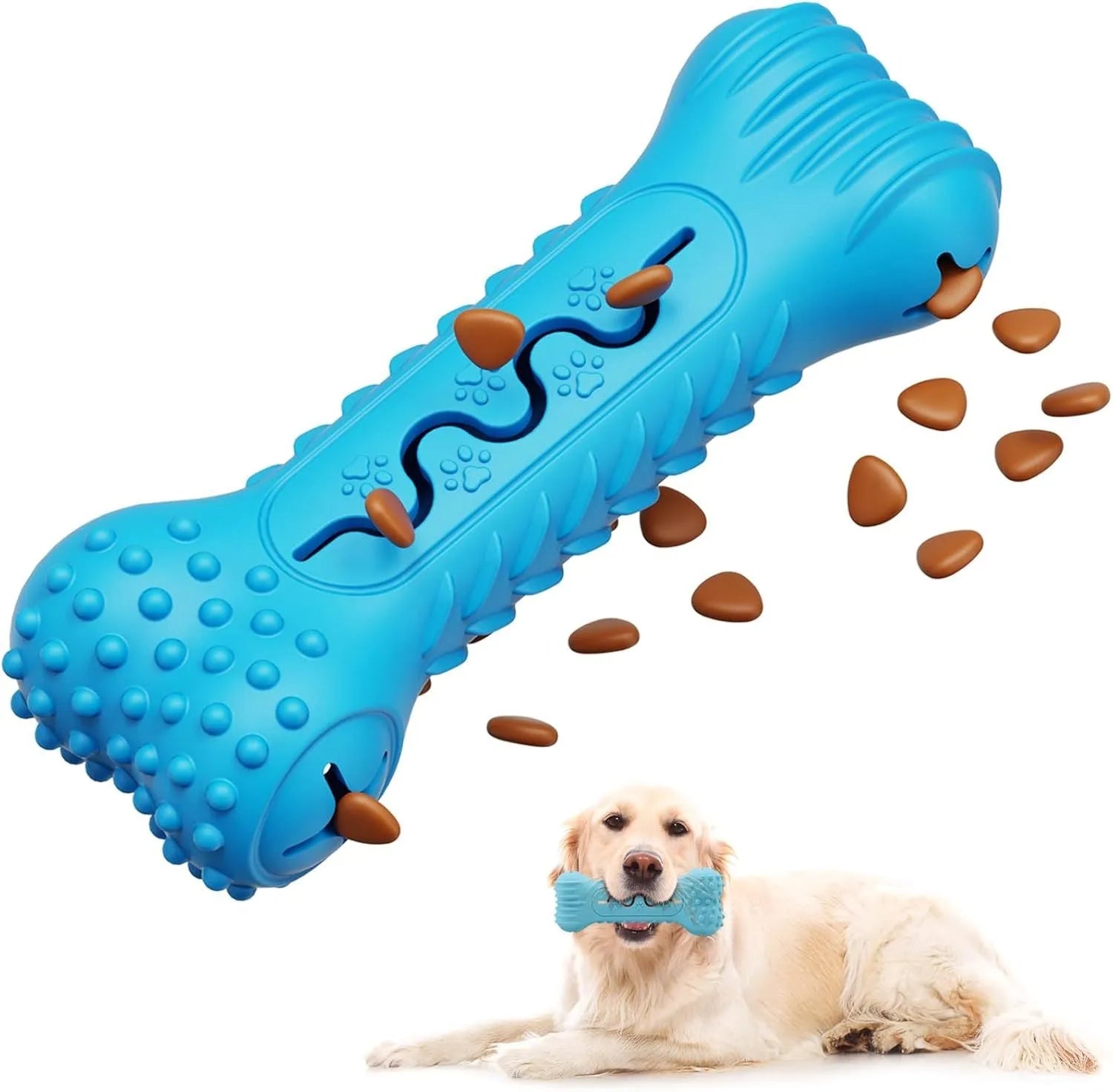 Natural rubber bone-shaped dog chew toy in blue, green, or orange colours with textured surface for teeth cleaning