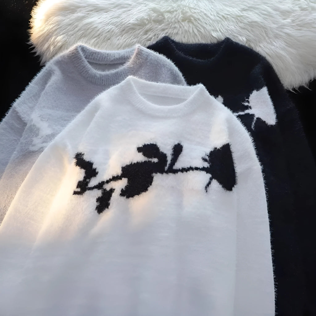 Men's cotton sweater with flocked horse motif design in apricot colour, showing pullover style with long sleeves