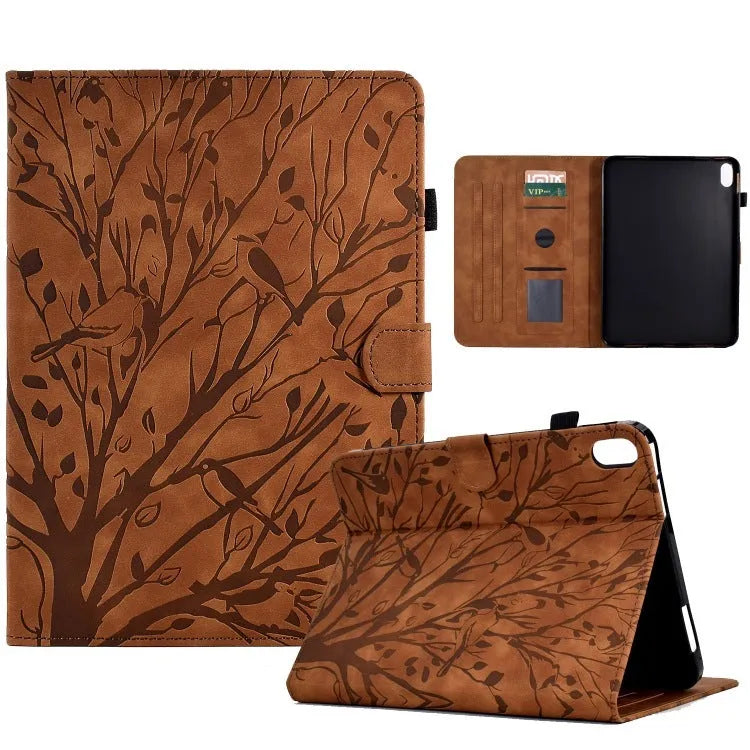 Imitation leather tablet protective case in khaki colour with an engraved texture and built-in stand, open to show an iPad.