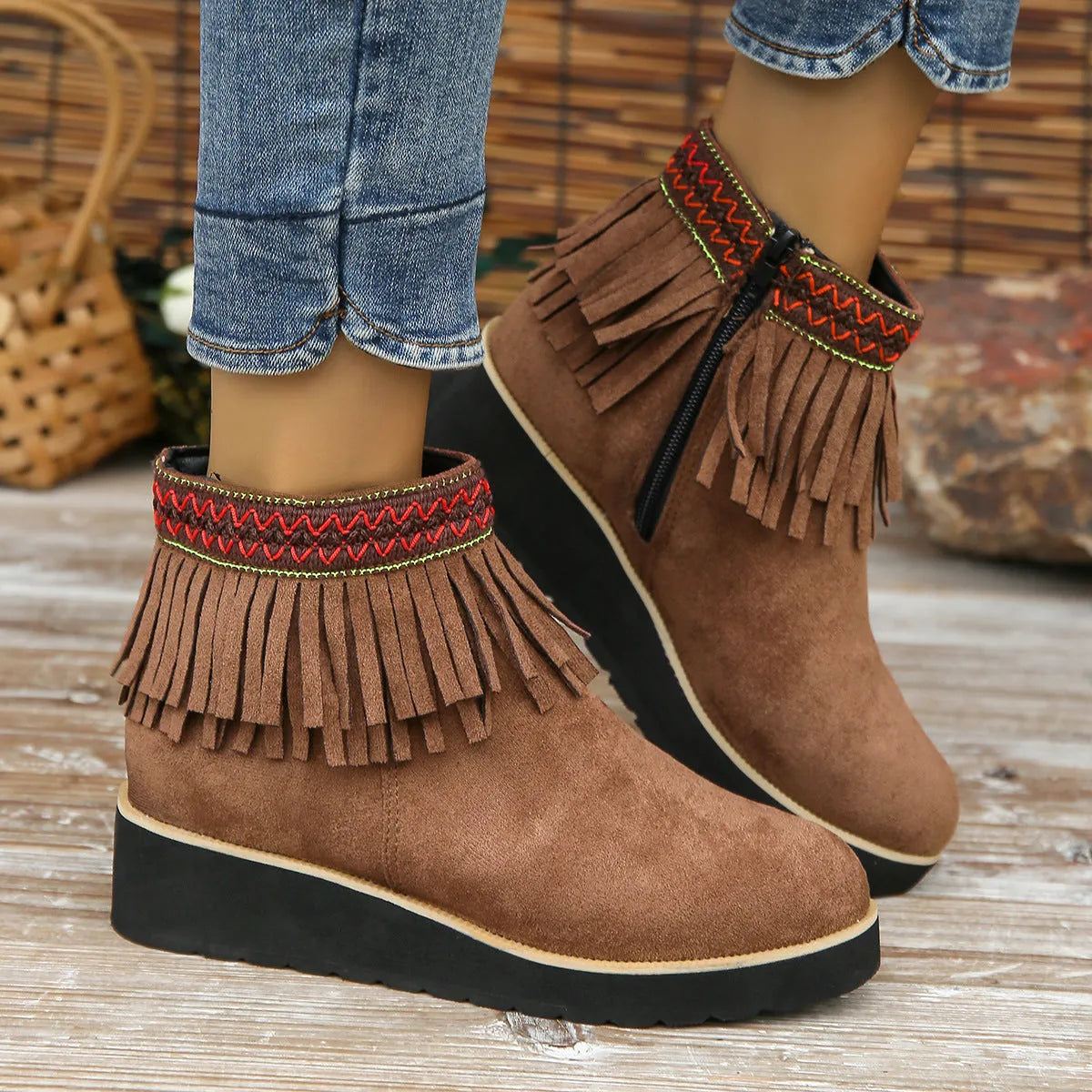 Women's suede wedge bootie with side zipper and tassel, black colour, thick bottom sole