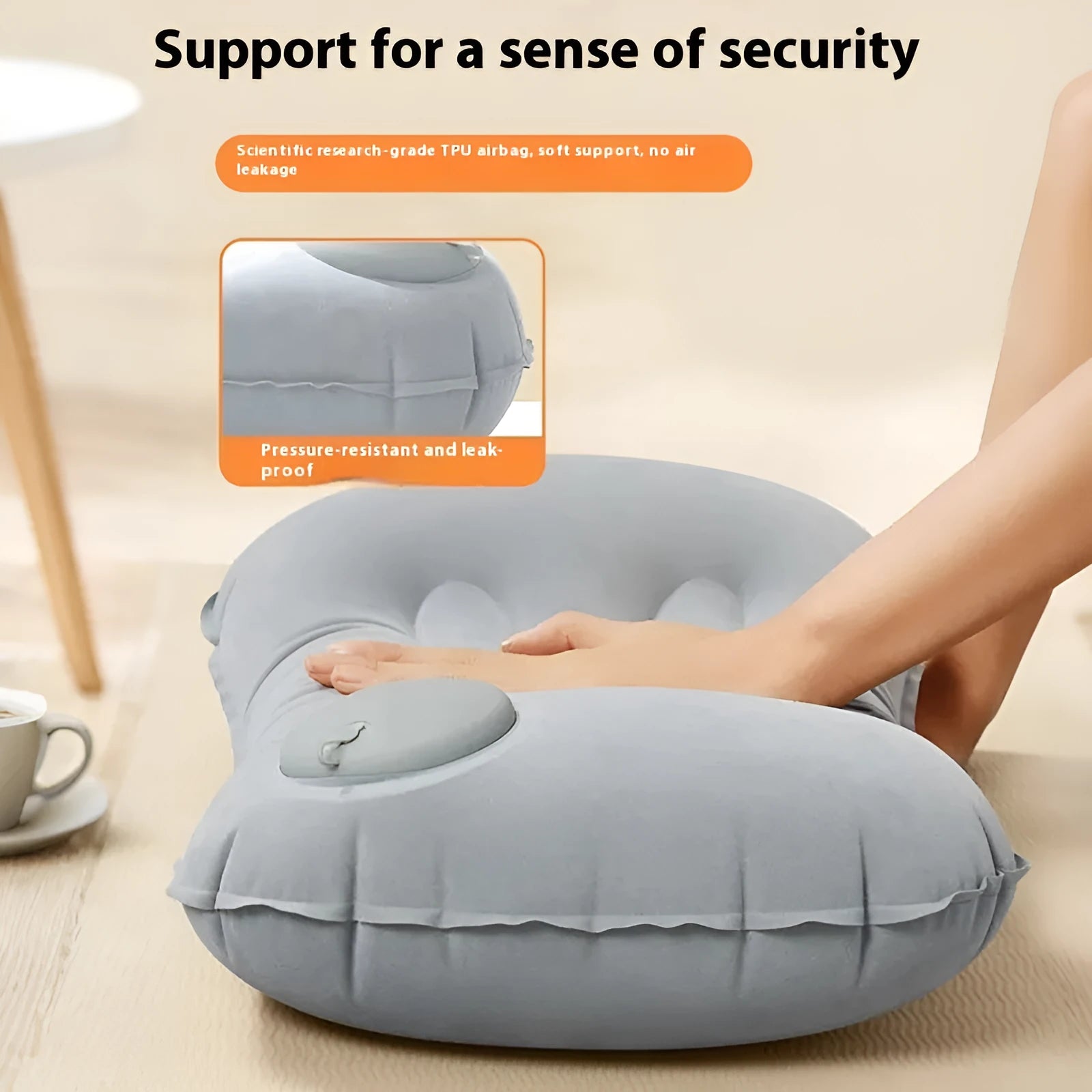 Press inflatable travel pillow in flocking grey with thickening design for neck support