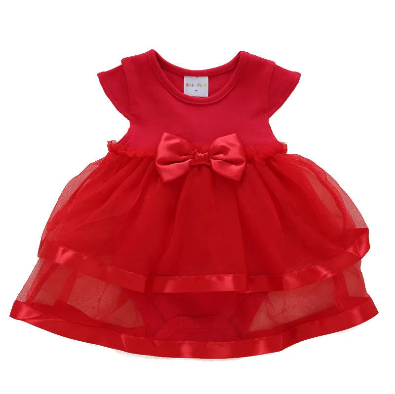 Baby girl cotton lace princess dress with pleated skirt, matching shoes and hairband in pink, red or white