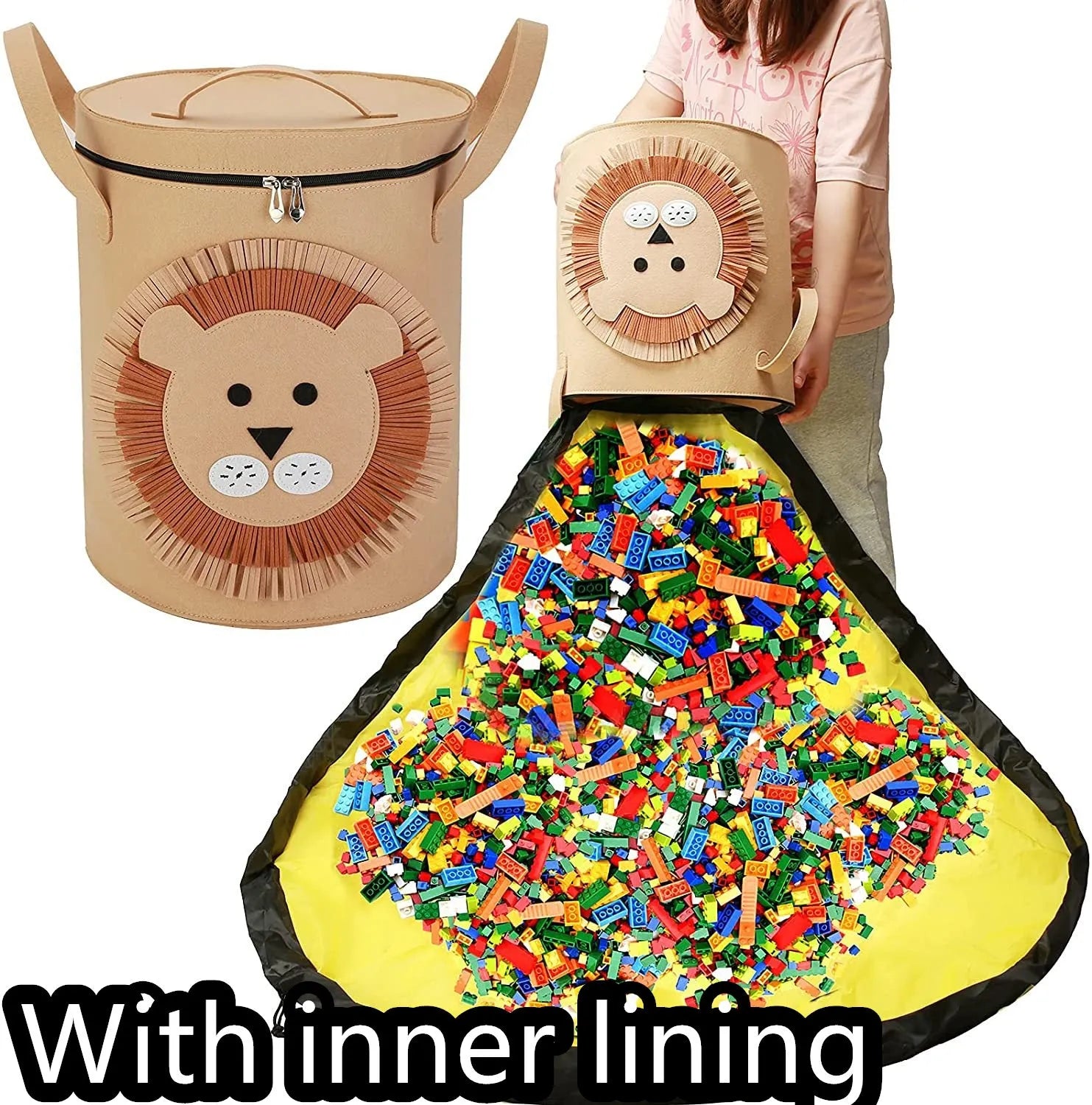 Green felt cube storage bag with pull rope closure shown as toy play mat