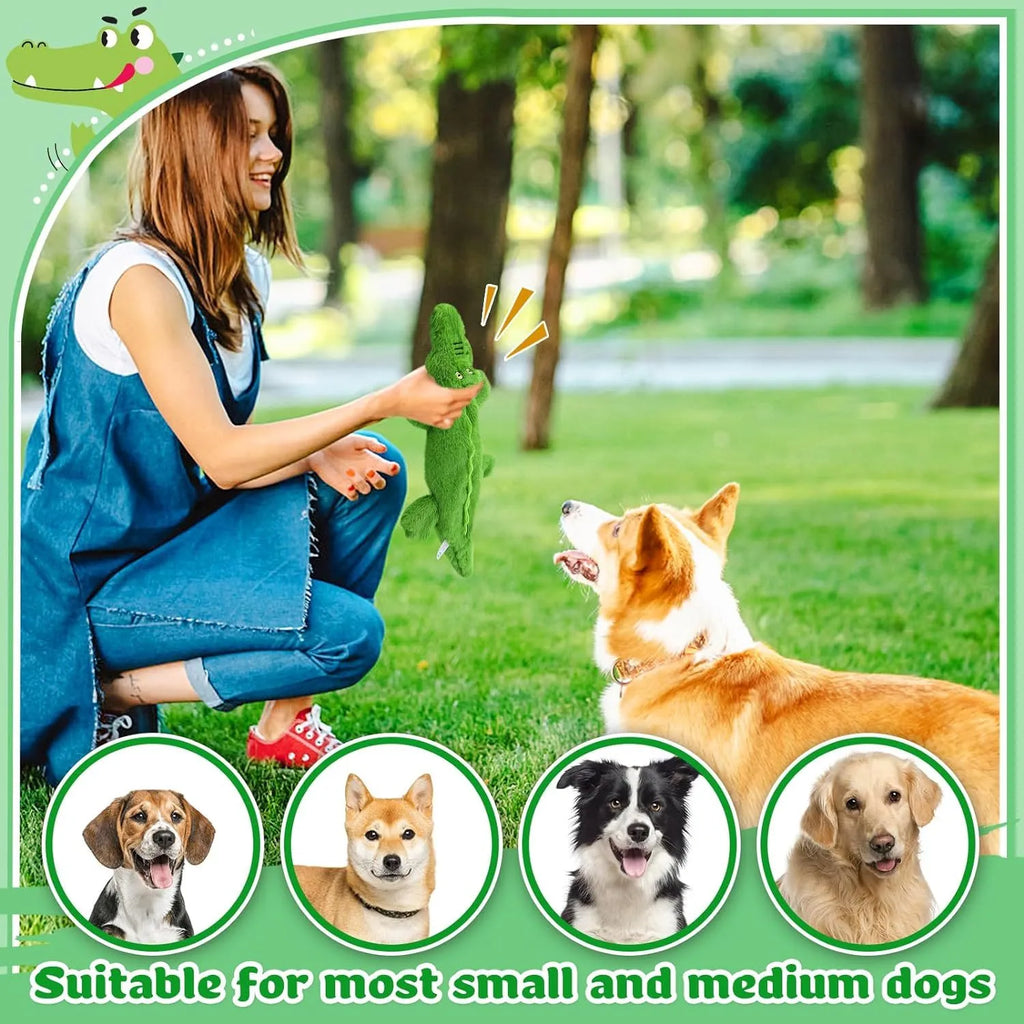 Green crocodile plush dog toy with squeaker and crinkle paper, no stuffing, for aggressive chewers.