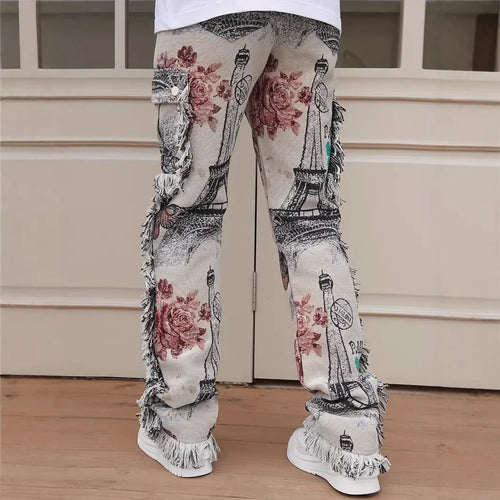Men's animal digital printed slim fit cotton denim trousers, mid waist zip fly, available in multiple sizes