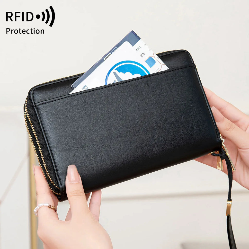RFID multi-functional double zipper crossbody wallet in black with letter and stitching design