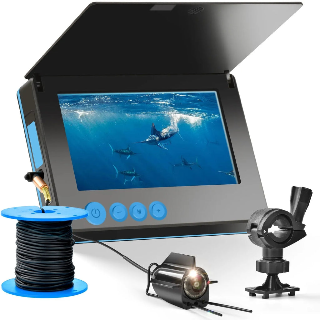 Fish finder underwater HD camera with 4.3-inch screen, temperature sensor, and long video cable.