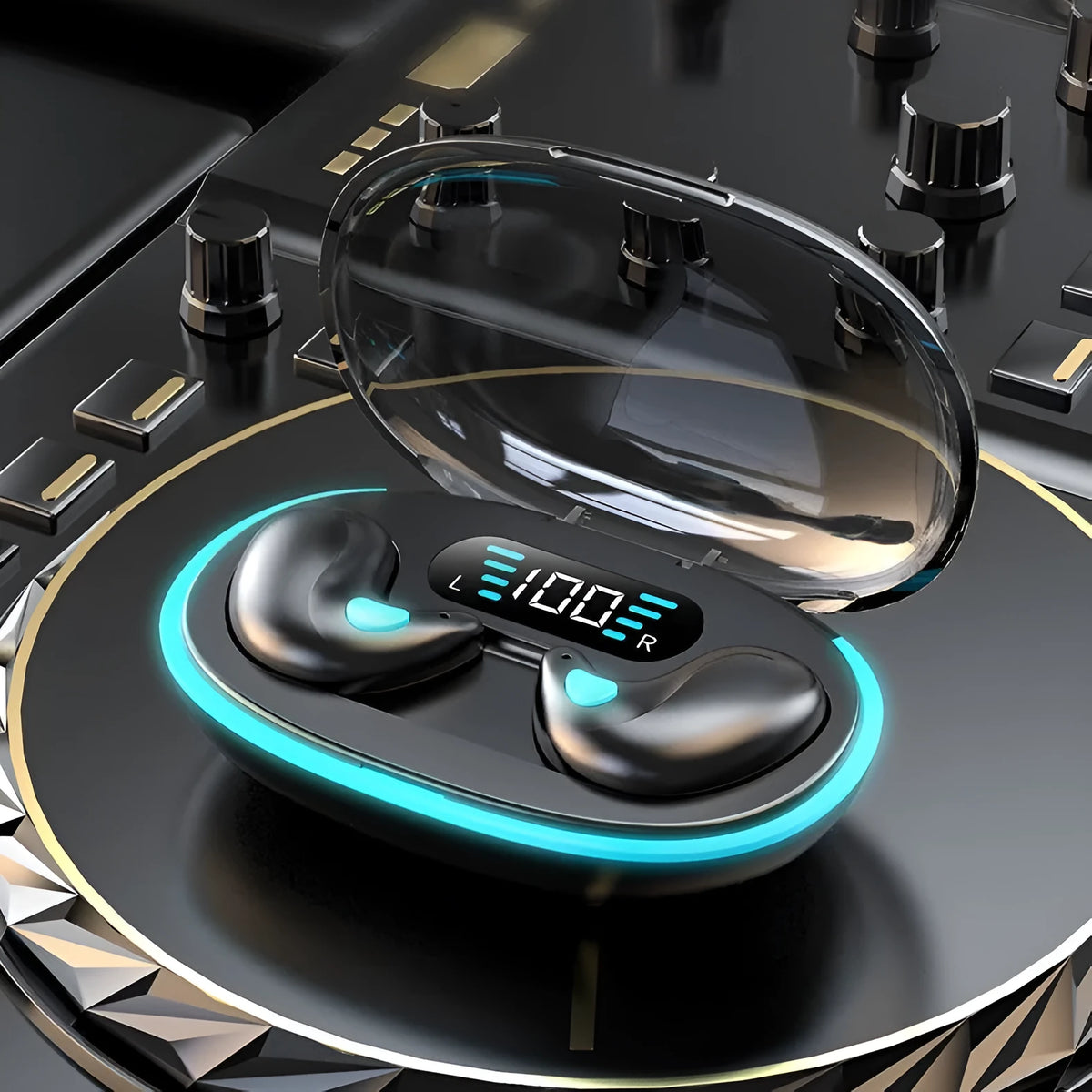Black Bluetooth earplug headset for side sleep with digital display and breathing light