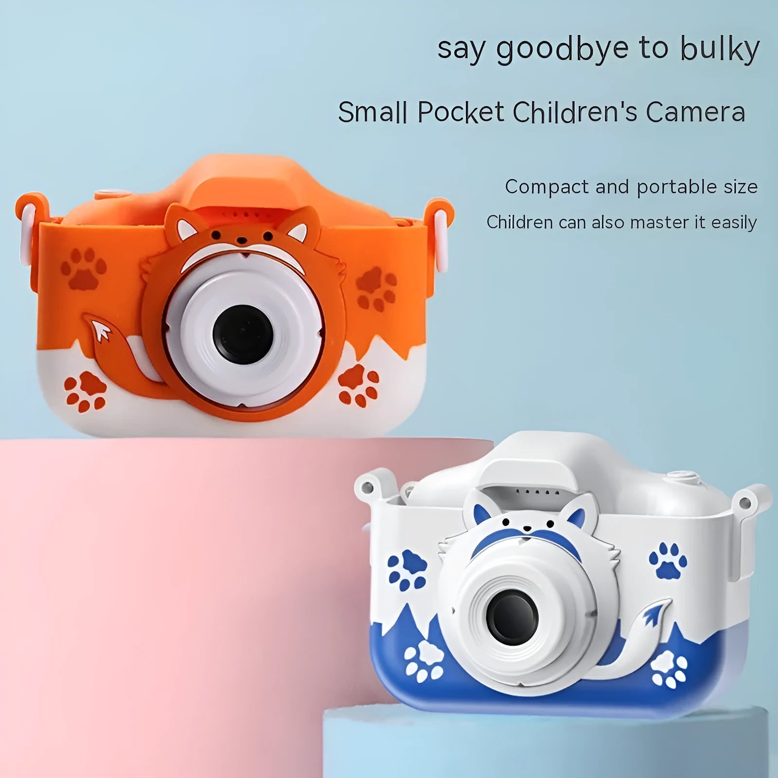 Children's HD cartoon digital camera in orange with compact design and lanyard