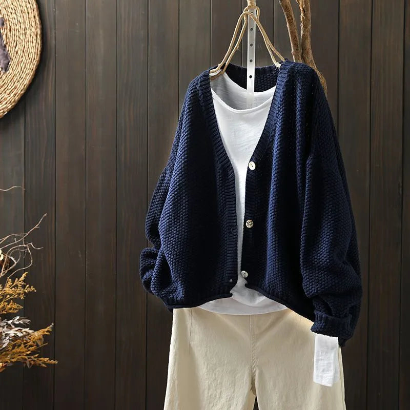 Women's solid colour cardigan thick blended wool acrylic long sleeve loose fit 50cm length beige