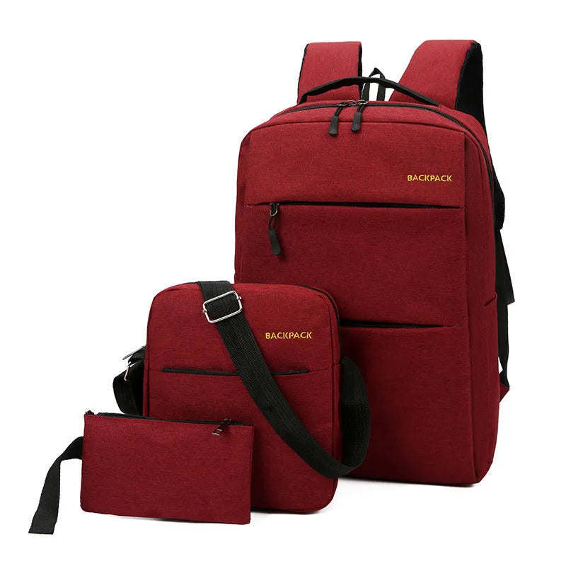 Men's casual fashion computer bag three-piece set in nylon, showing USB charging port and internal compartments.