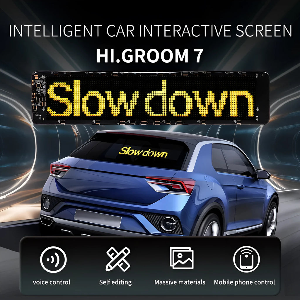 LED smart bumper sticker with a lit expression screen attached to a mobile phone