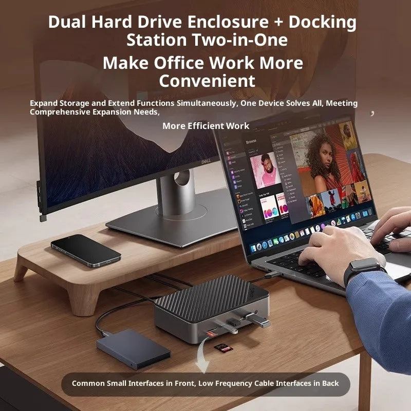 8-in-1 M.2 hard disk box docking station with USB 3.2 and Gigabit port, black aluminium alloy