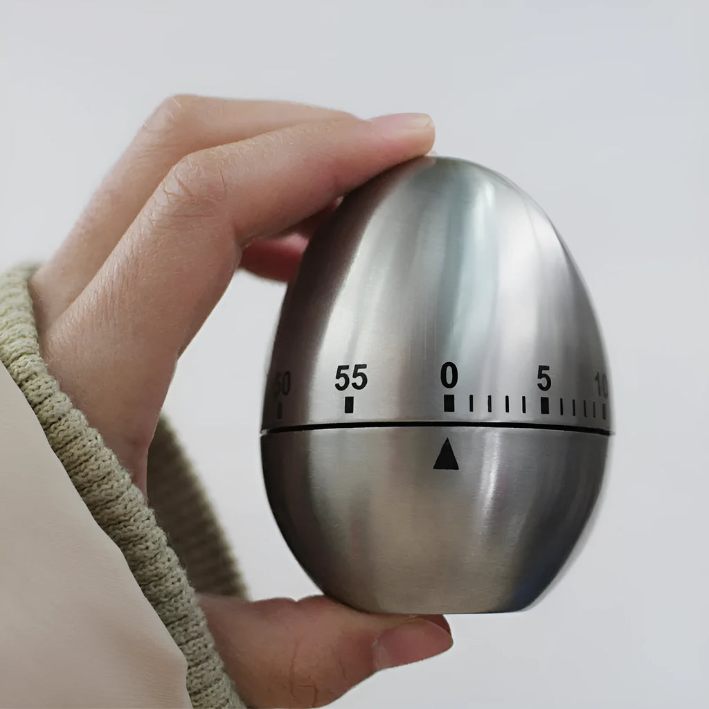 Stainless steel egg-shaped mechanical kitchen timer with a 60-minute dial