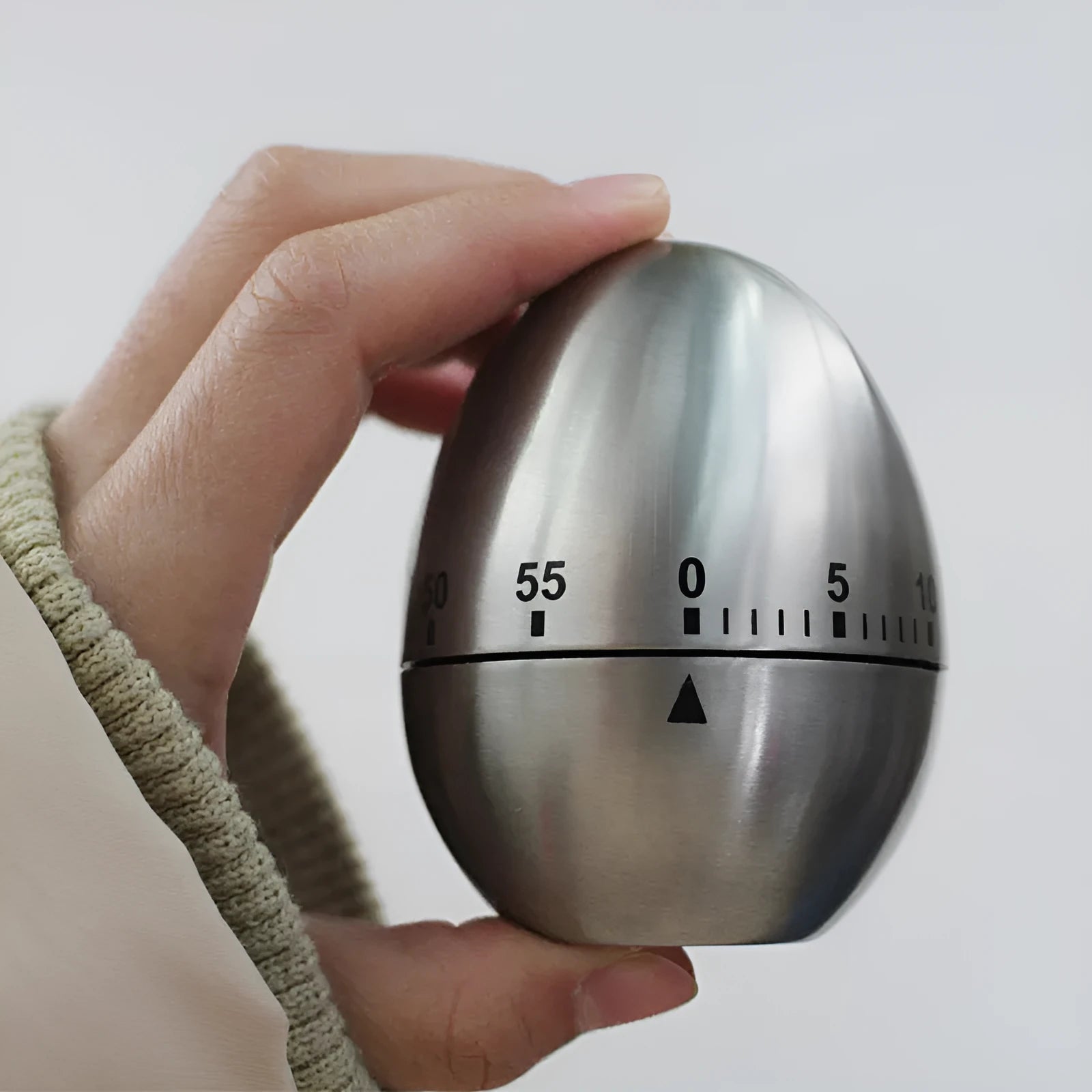 Stainless steel egg-shaped mechanical kitchen timer with a 60-minute dial