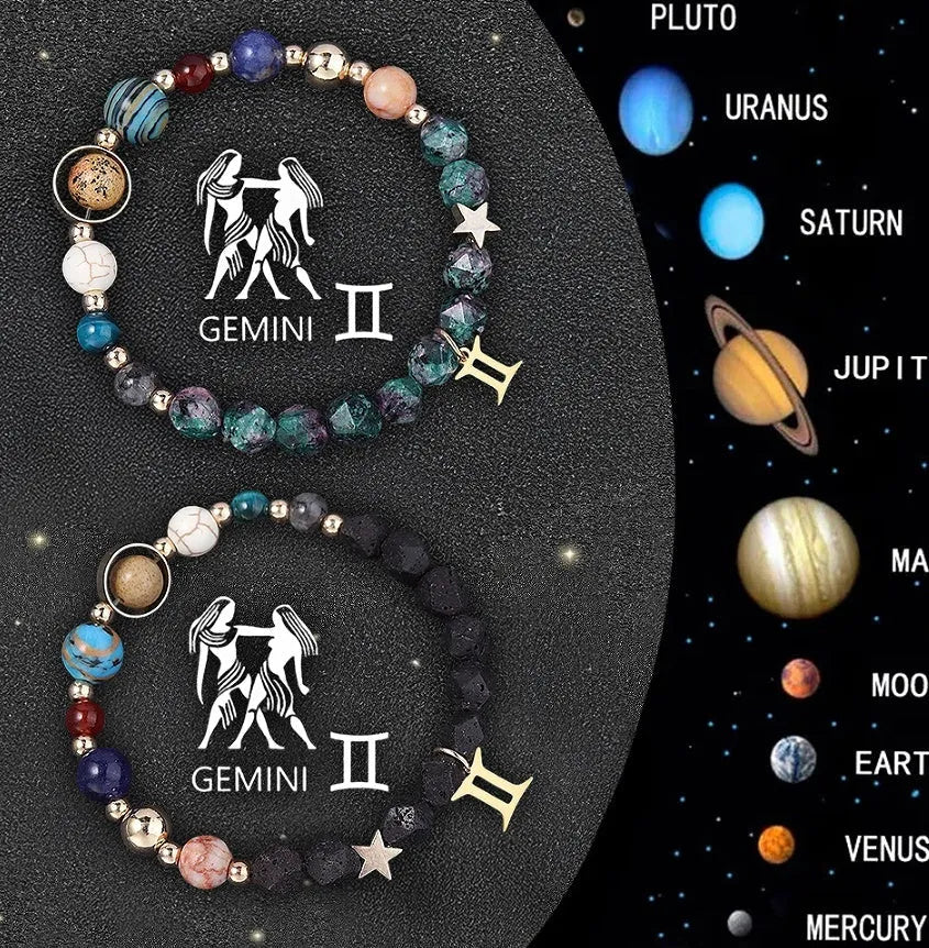 Natural stone beaded bracelet set showing zodiac sign designs on adjustable elastic cord