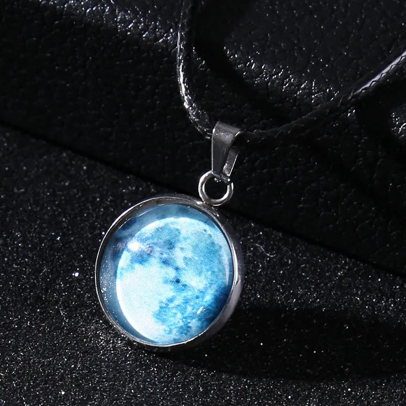 Moon night sky constellation glass pendant on a luminous alloy necklace chain with extension.