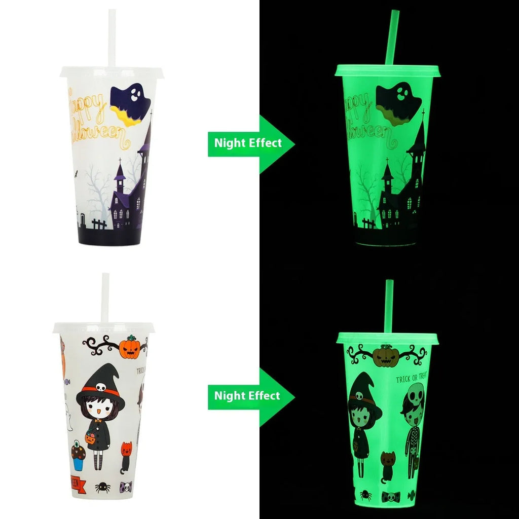 Halloween luminous reusable plastic sippy cup with straw, 720ml capacity, shown in one of six colours.