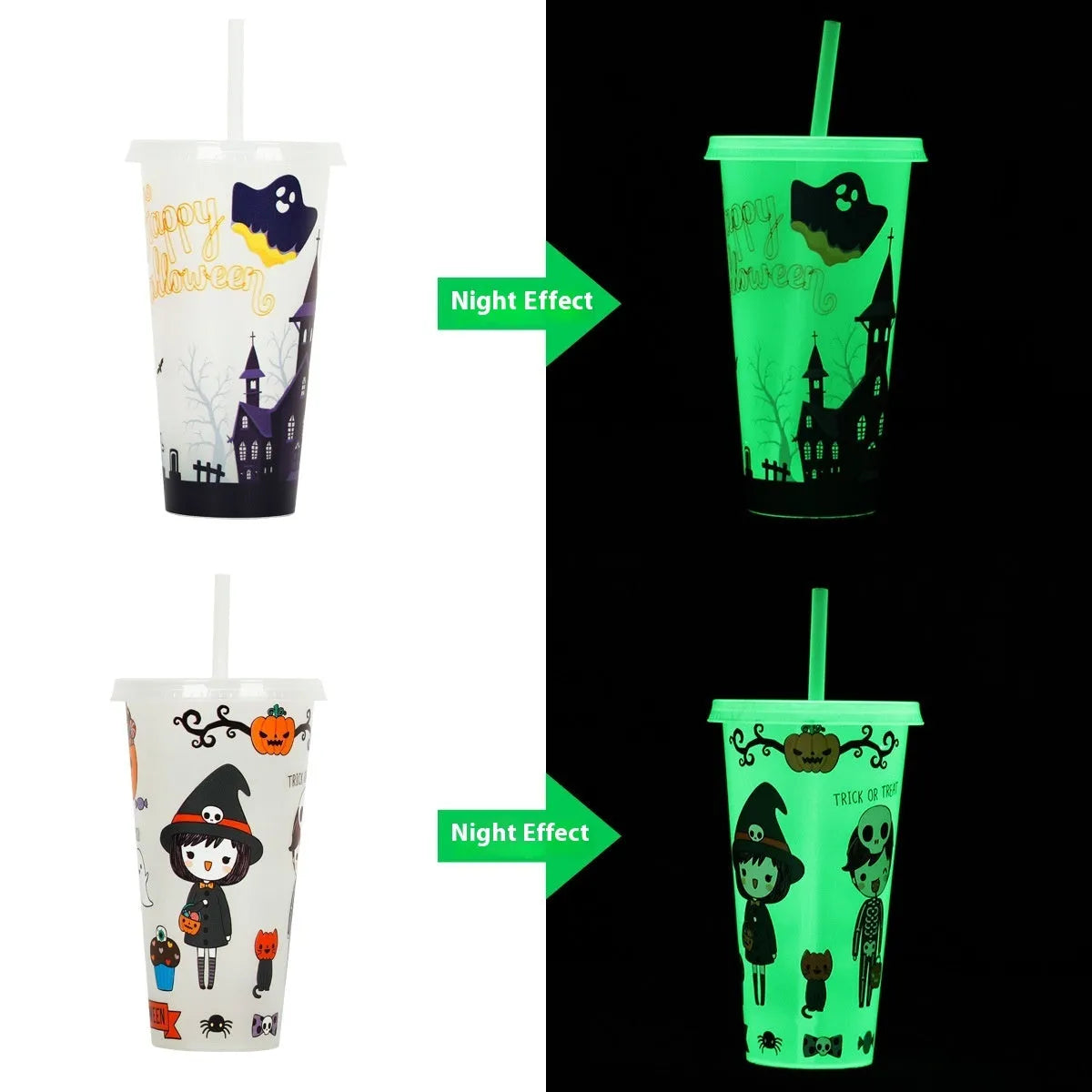 Halloween luminous reusable plastic sippy cup with straw, 720ml capacity, shown in one of six colours.