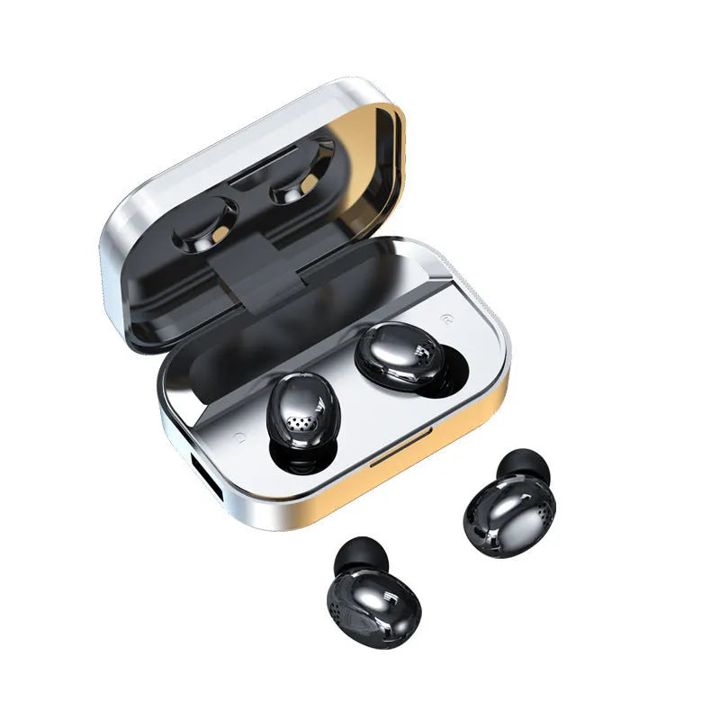Black sports TWS Bluetooth earbuds with touch controls, shown in a charging case.