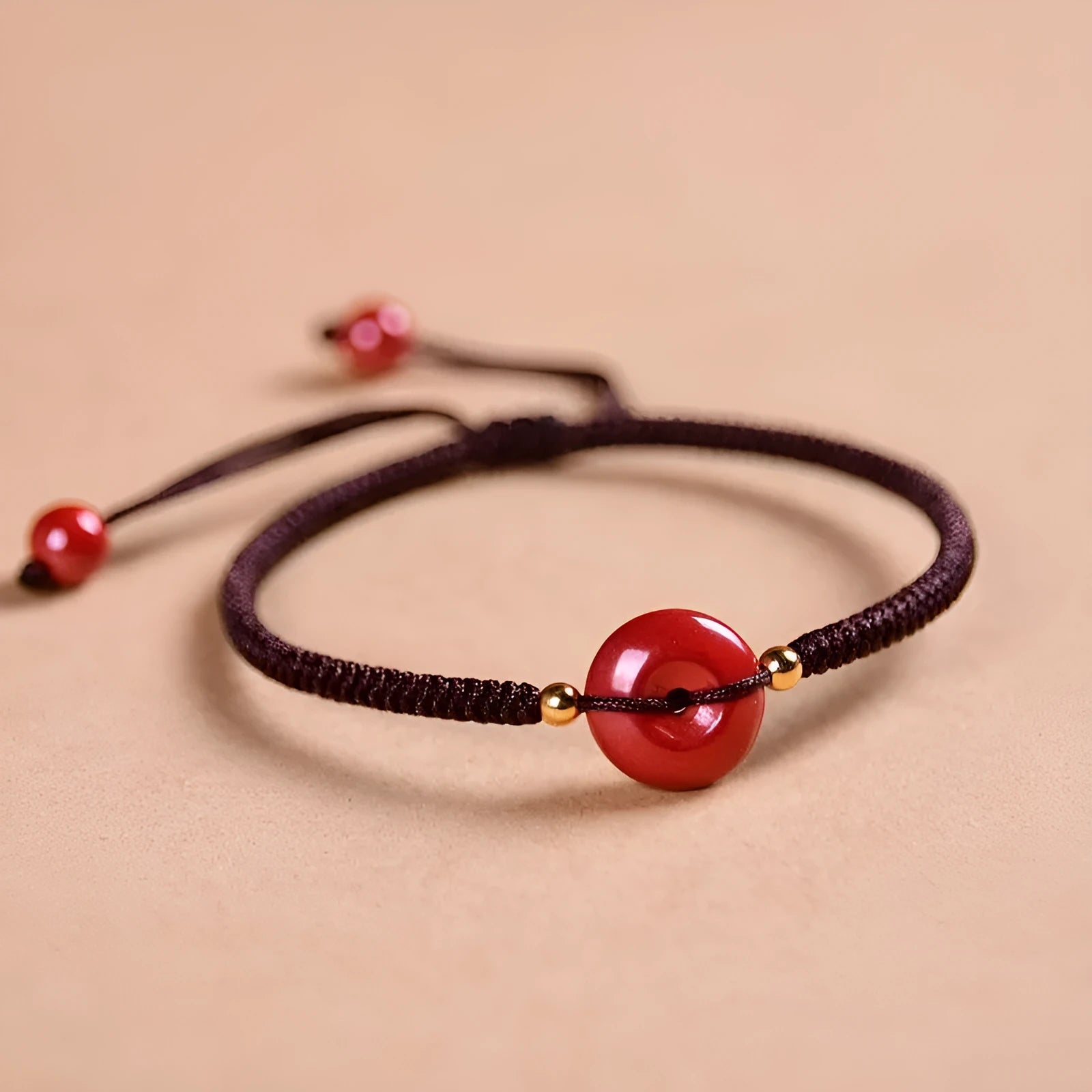 Traditional cinnabar bracelet with a heart-shaped peace buckle clasp on a red rope.