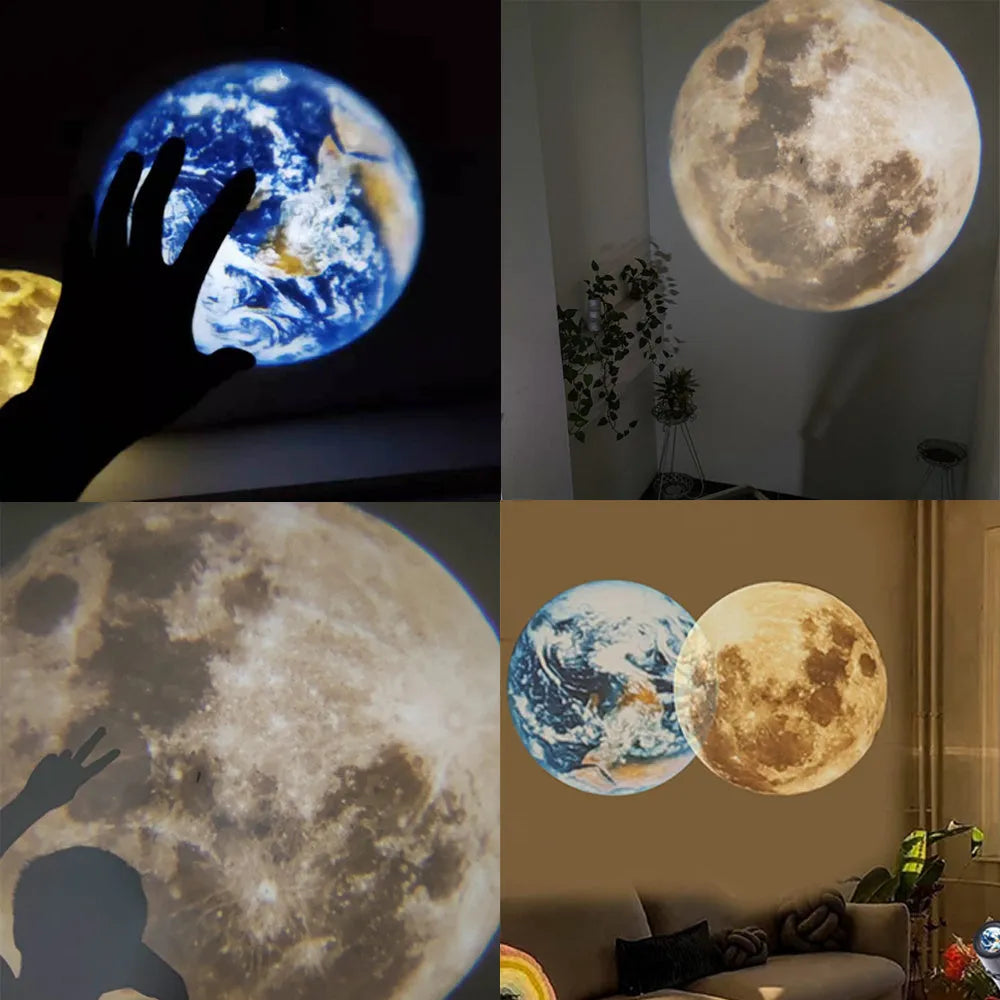 White ABS star projector with flexible hose, showing earth and moon projection chips and USB cable.
