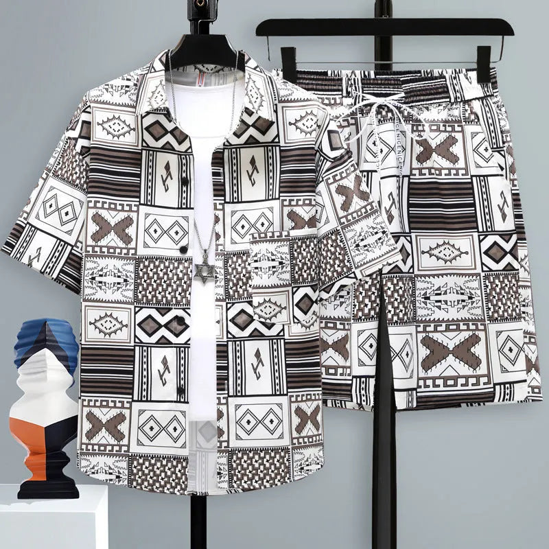 Men's casual polyester short sleeve top and matching shorts two-piece set in assorted colours