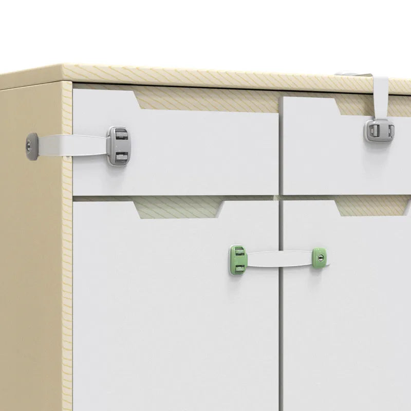 Adjustable child safety cabinet lock with strap and 3M adhesive backing