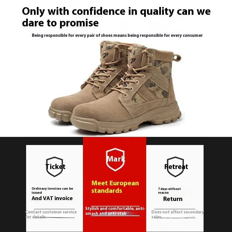 Khaki suede high-top safety combat boots with steel toe cap and front lace-up closure.