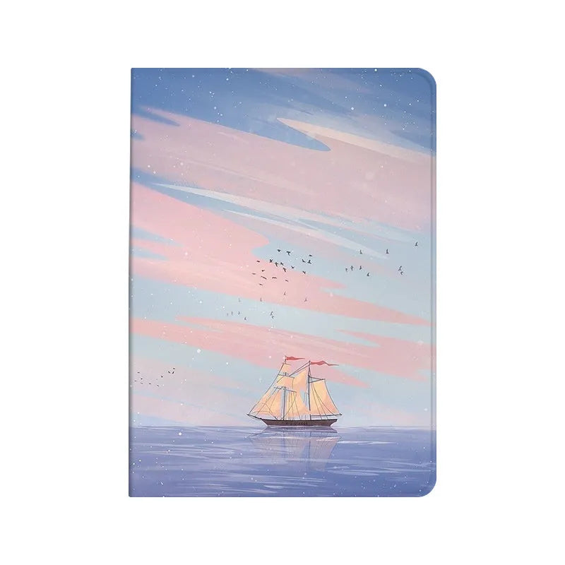 Silicone dreamy painting style sailing cover for Apple iPad book-style case in H248-sailboat colour