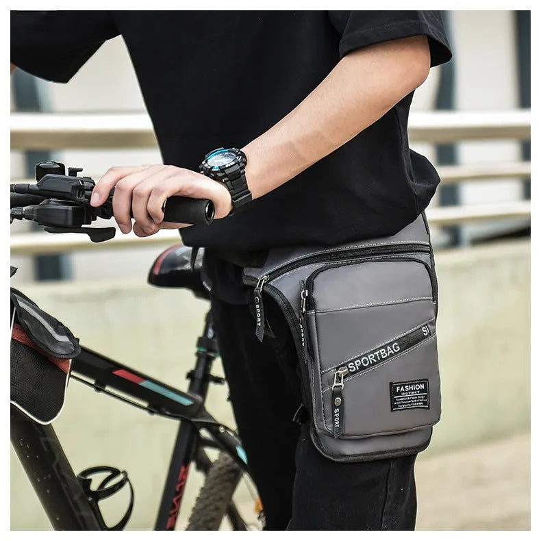 Black nylon cycling leg crossbody bag with adjustable straps for male cyclists