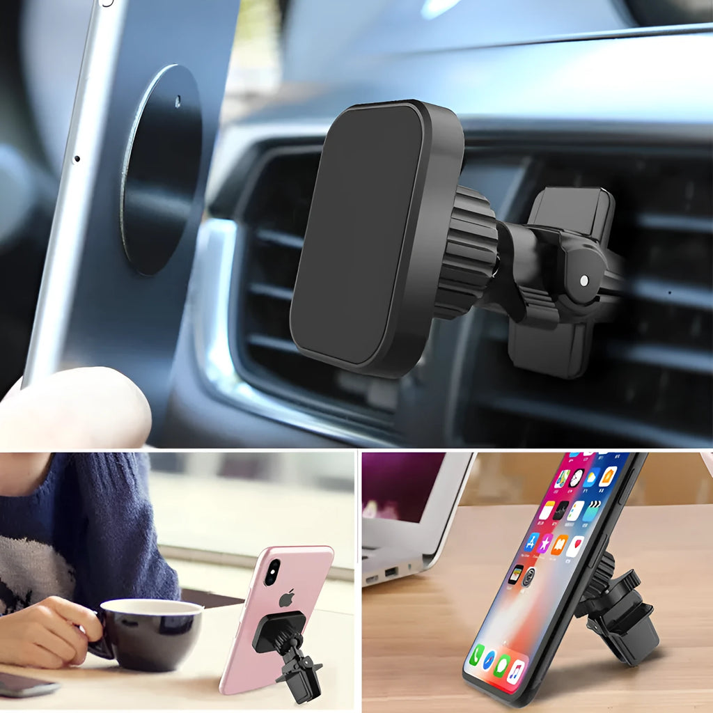 Black magnetic car phone holder attached to vehicle air vent with adjustable clamp