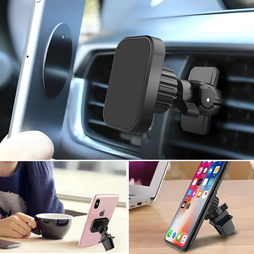Black magnetic car phone holder attached to vehicle air vent with adjustable clamp