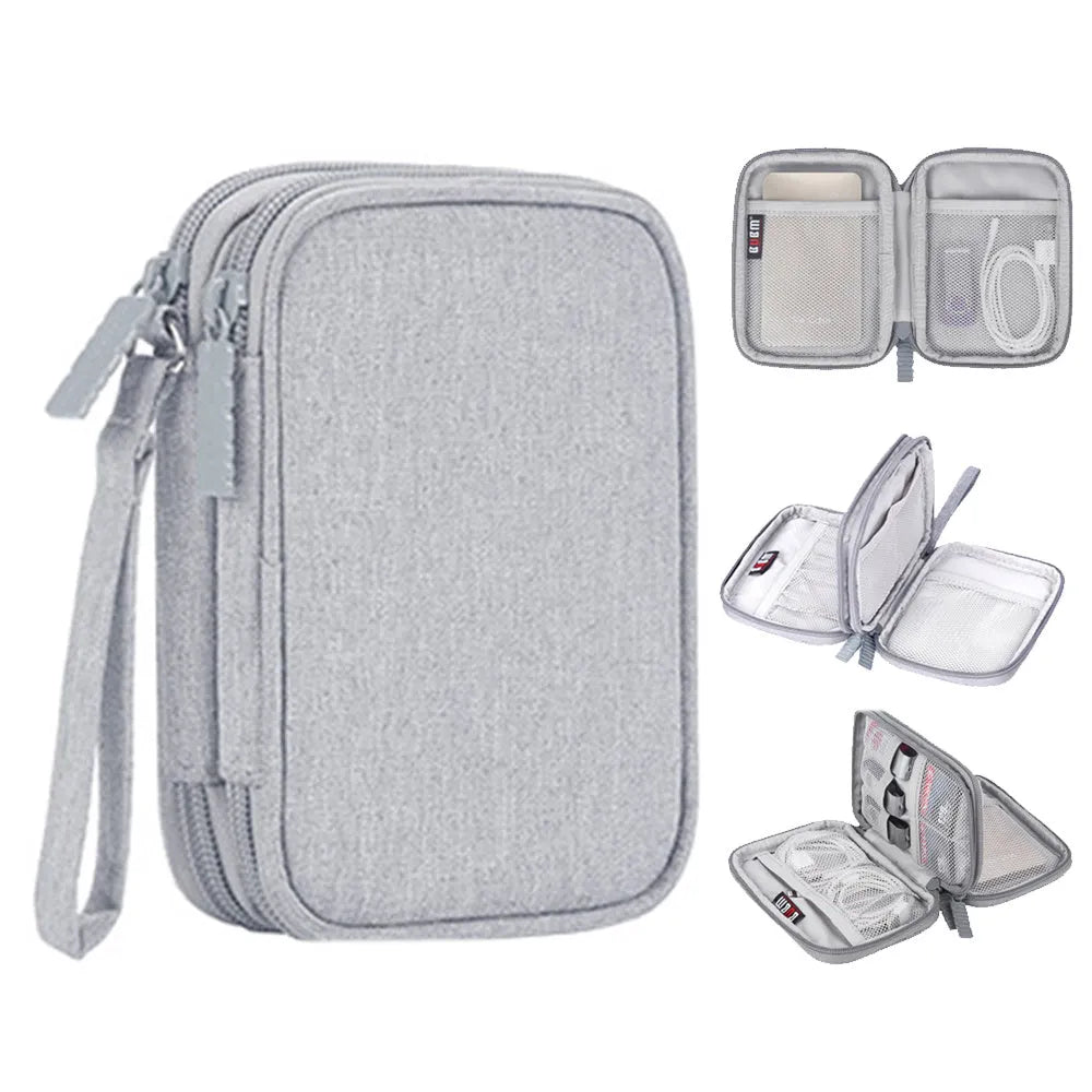Polyester mobile hard disk storage bag in grey holds a 2.5-inch drive and data cables
