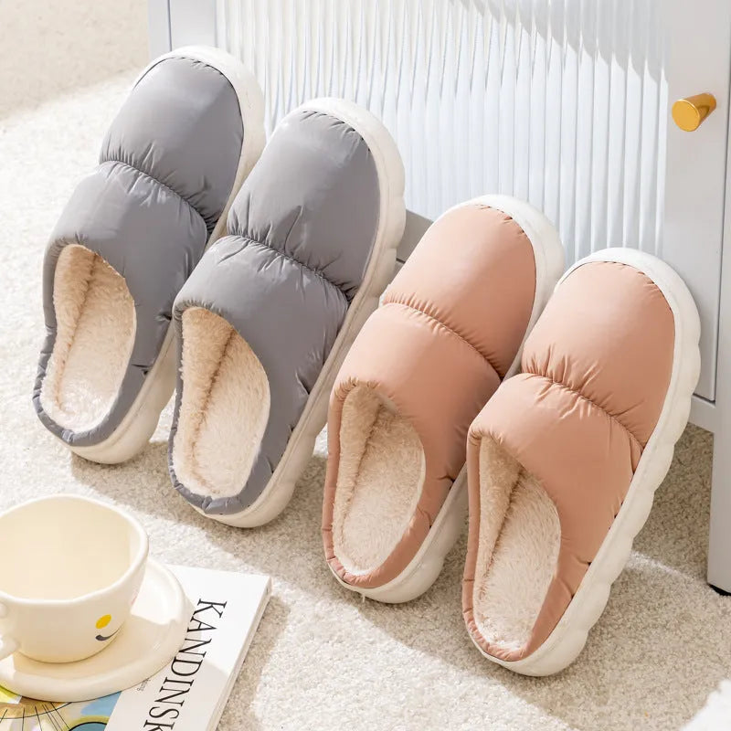 Winter indoor slippers with artificial leather upper, rubber anti-slip sole, and plush lining