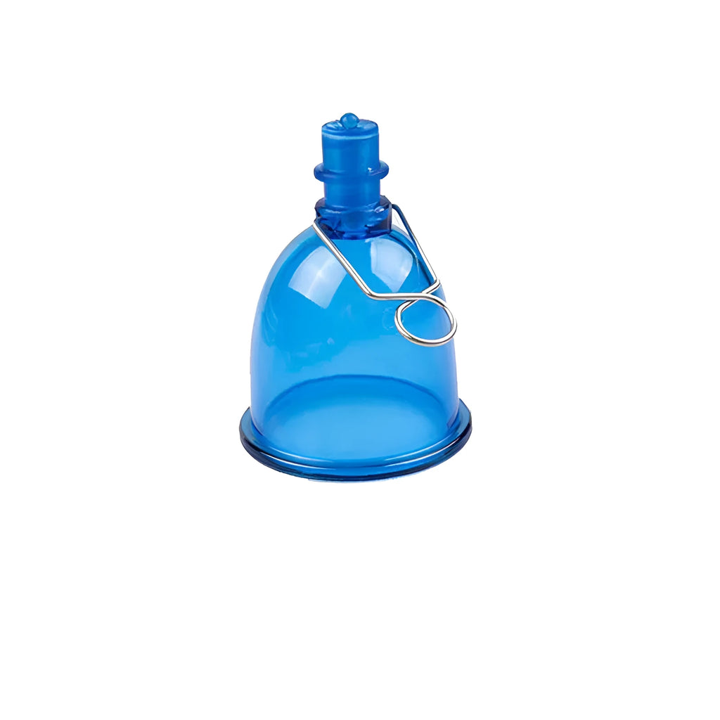 Blue silicone physical stretch exerciser cup for men, shown in small, medium, and large sizes.