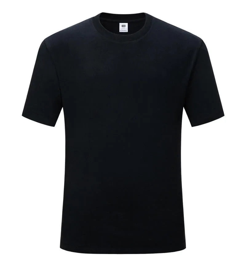 Black and white cotton T-shirt with round neck and short sleeves on hanger