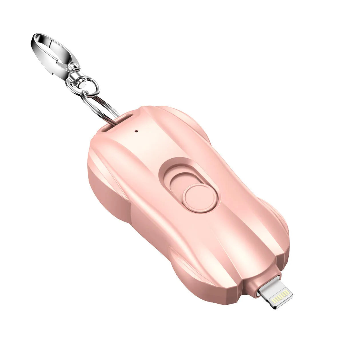 Mini plastic keychain power bank with 1500mAh capacity on a keyring.