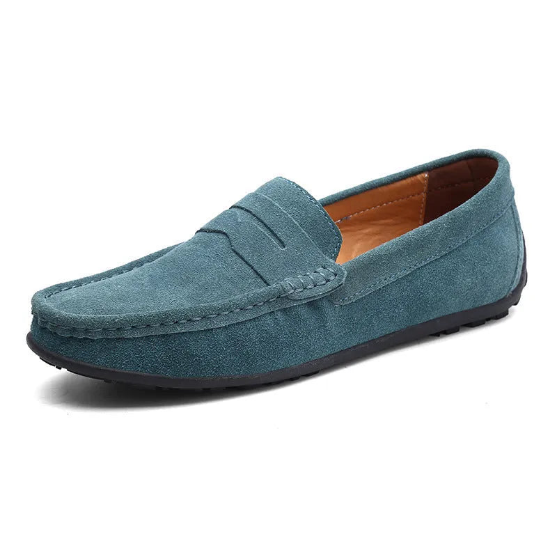 Men's brown suede Gommino loafers with round toe and flat rubber sole, plus size