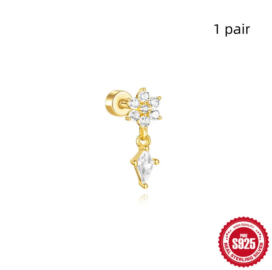 S925 sterling silver flat column geometric ear bone stud with gold electroplated finish